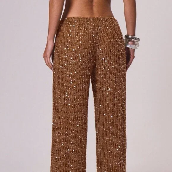 Rust Brown Women's ResortDrawstring Waist Sequin Relaxed Wide Leg pants